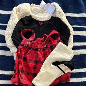 Carter's 4 pc Sweater Set with Red Plaid Skirt and stockings Sz 24 months NWT